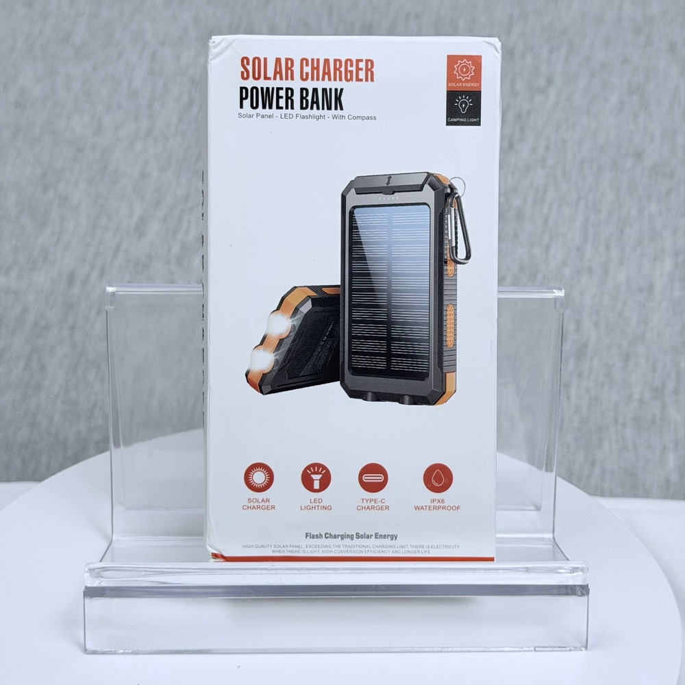 Solar Charger Power Bank Portable LED Flashlight Compass IPX6 Waterproof Orange